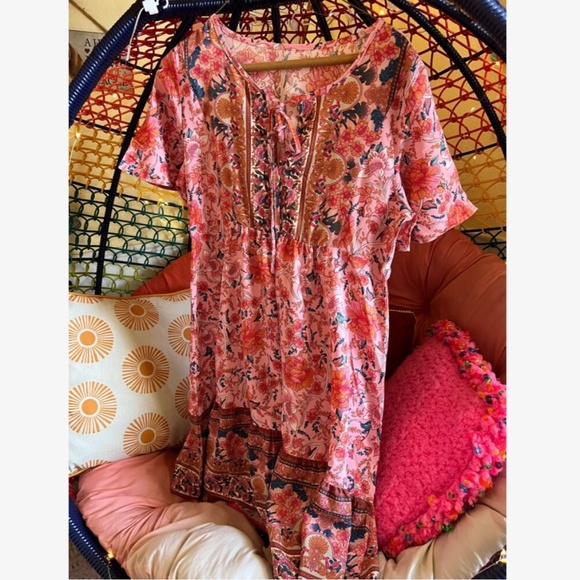 Floral Print Pink Red Flowy Loose Fitting Short Sleeve Mini Dress Neck Ties - Picture 9 of 16